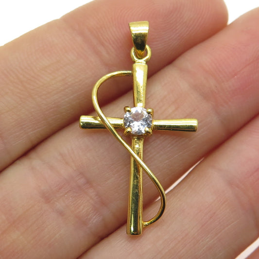 HAN 925 Sterling Silver Gold Plated Real White Topaz Cross Pendant