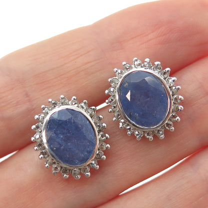 925 Sterling Silver Real Round-Cut Diamond & Oval-Cut Tanzanite Earrings