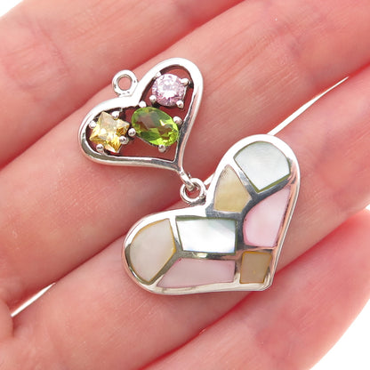 925 Sterling Silver Real MOP Peridot Citrine & Pink C Z Heart Charm Pendant