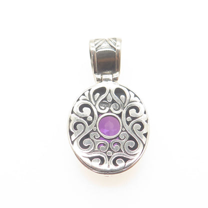 925 Sterling Silver Vintage Real Amethyst Floral Ornate Oxidized Pendant