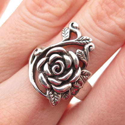 925 Sterling Silver Vintage Rose Flower Oxidized Ring Size 7.75