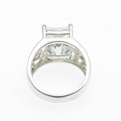 925 Sterling Silver Radiant-Cut C Z Ornate Ring Size 7