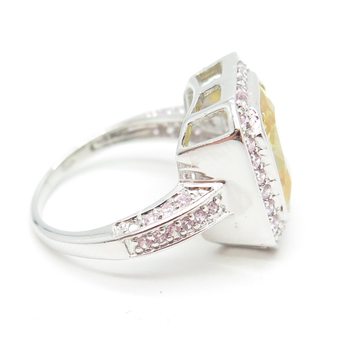 925 Sterling Silver Canary & Pink C Z Bohemian Ring Size 8