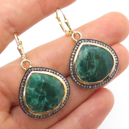 925 Sterling Silver Gold Plated Real Diamond & Emerald Teardrop Dangle Earrings