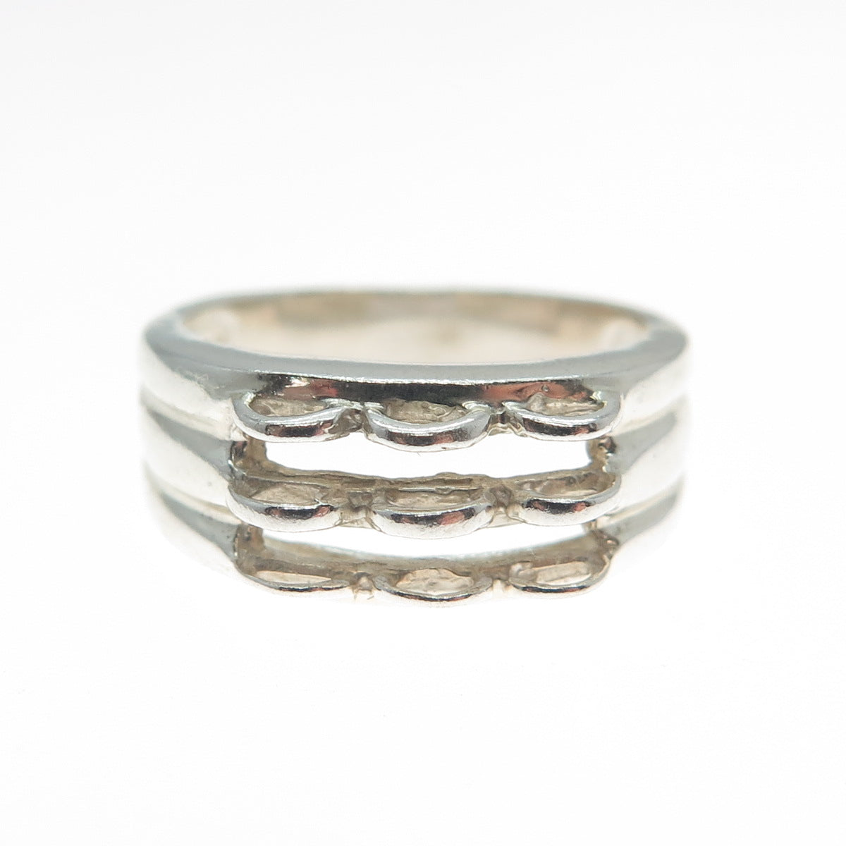 925 Sterling Silver Vintage Modernist 3-Row Ring Size 5.25