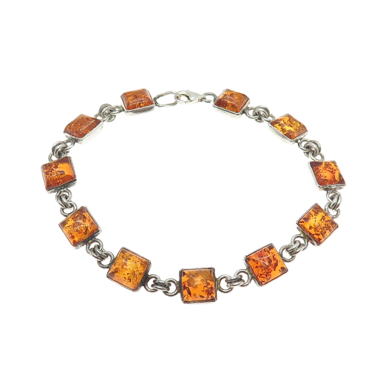 925 Sterling Silver Vintage Real Baltic Amber Tennis Link Bracelet 8"