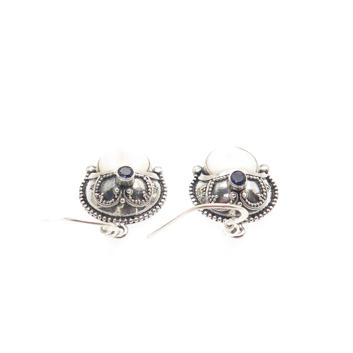 925 Sterling Silver Vintage Real White Onyx & Iolite Moon Face Dangle Earrings