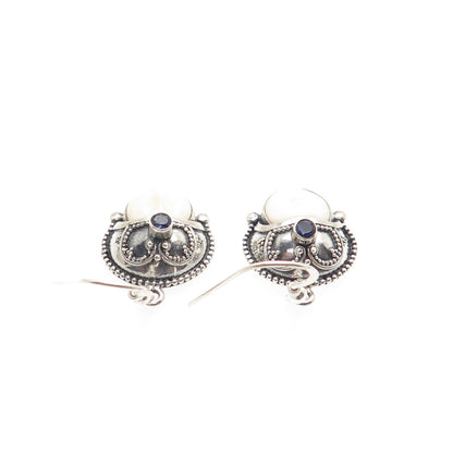 925 Sterling Silver Vintage Real White Onyx & Iolite Moon Face Dangle Earrings