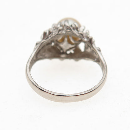 925 Sterling Silver Antique Art Deco Real Akoya Pearl Oxidized Ring Size 5.5