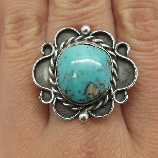 Old Pawn 925 Sterling Silver Vintage Morenci Turquoise Oxidized Ring Size 7.25