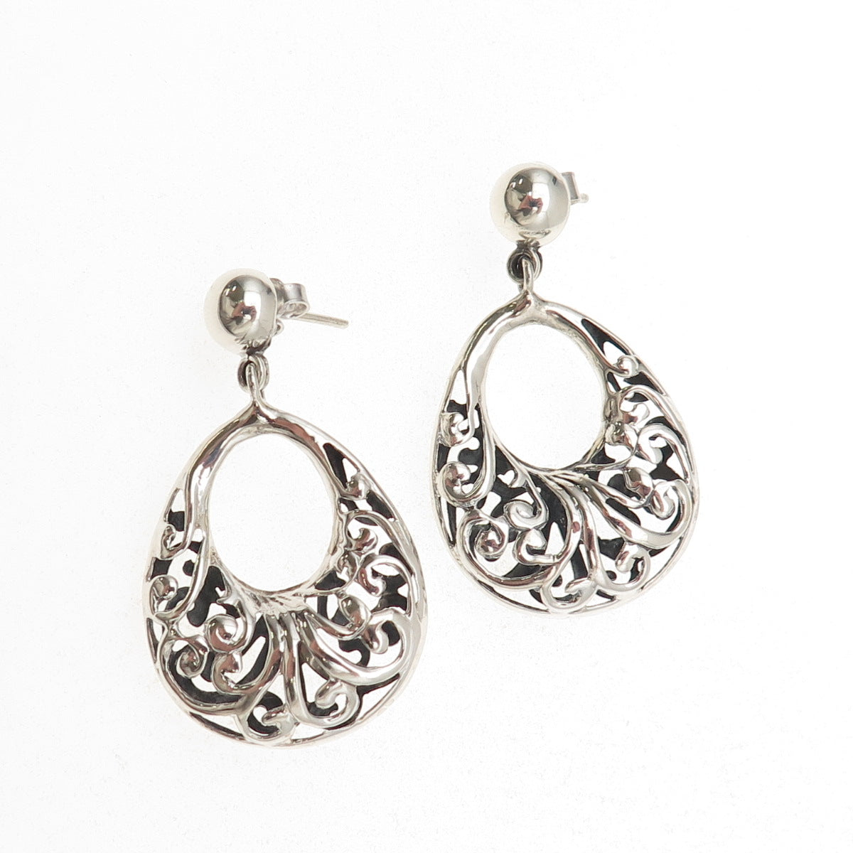 925 Sterling Silver Vintage Floral Crescent Teardrop Dangle Earrings