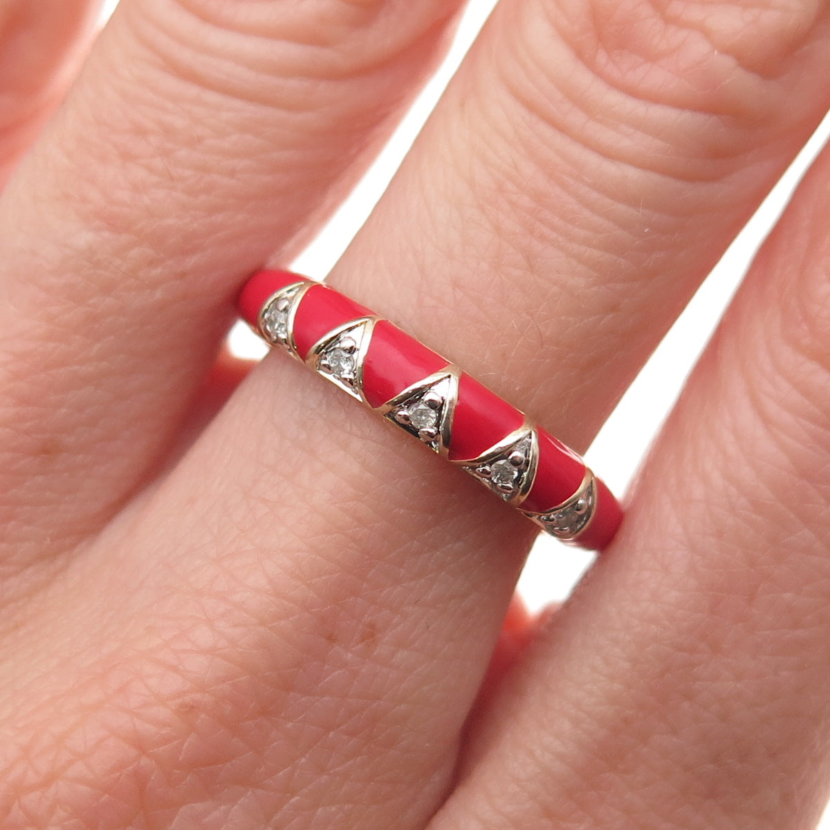 La Soula 925 Sterling Silver Gold Plated Enamel Real Diamond Band Ring Size 7