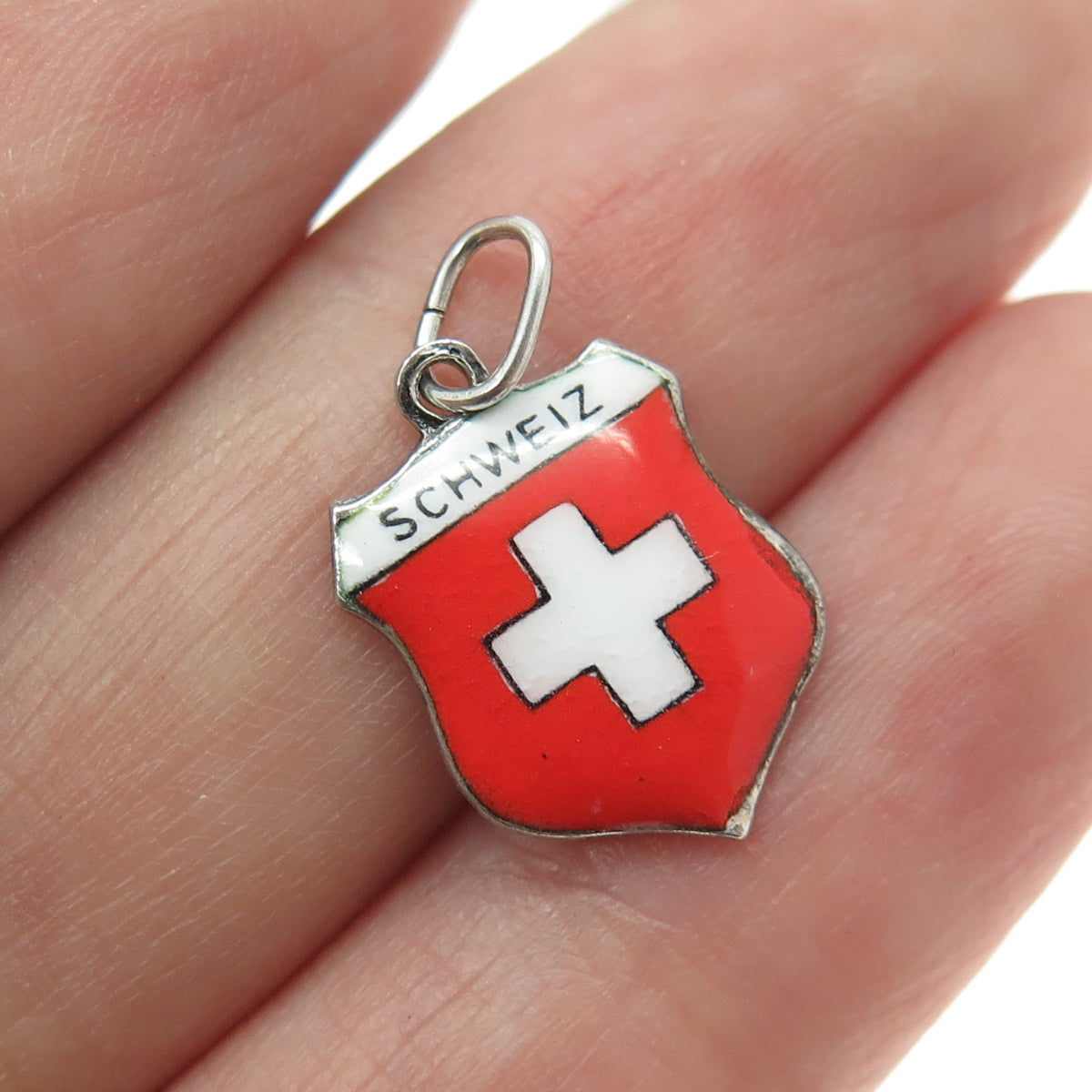 800 Silver Vintage Enamel Switzerland Flag Minimalist Charm Pendant