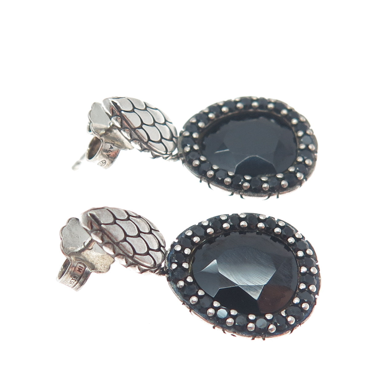 925 Sterling Silver Vintage Italy Real Black Spinel Gem Dangle Oxidized Earrings