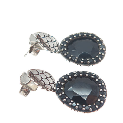 925 Sterling Silver Vintage Italy Real Black Spinel Gem Dangle Oxidized Earrings