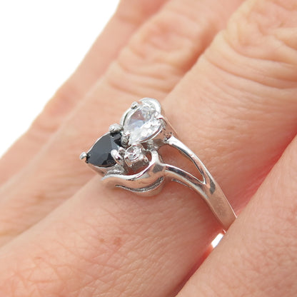 CHAPAL ZENRAY 925 Sterling Vintage Real Black Spinel & C Z Heart Ring Size 7.25