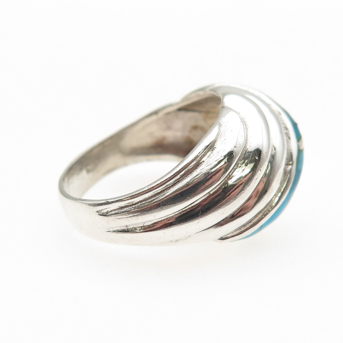 925 Sterling Silver Vintage Real Turquoise Modernist Ribbed Ring Size 9.5