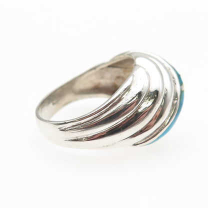 925 Sterling Silver Vintage Real Turquoise Modernist Ribbed Ring Size 9.5