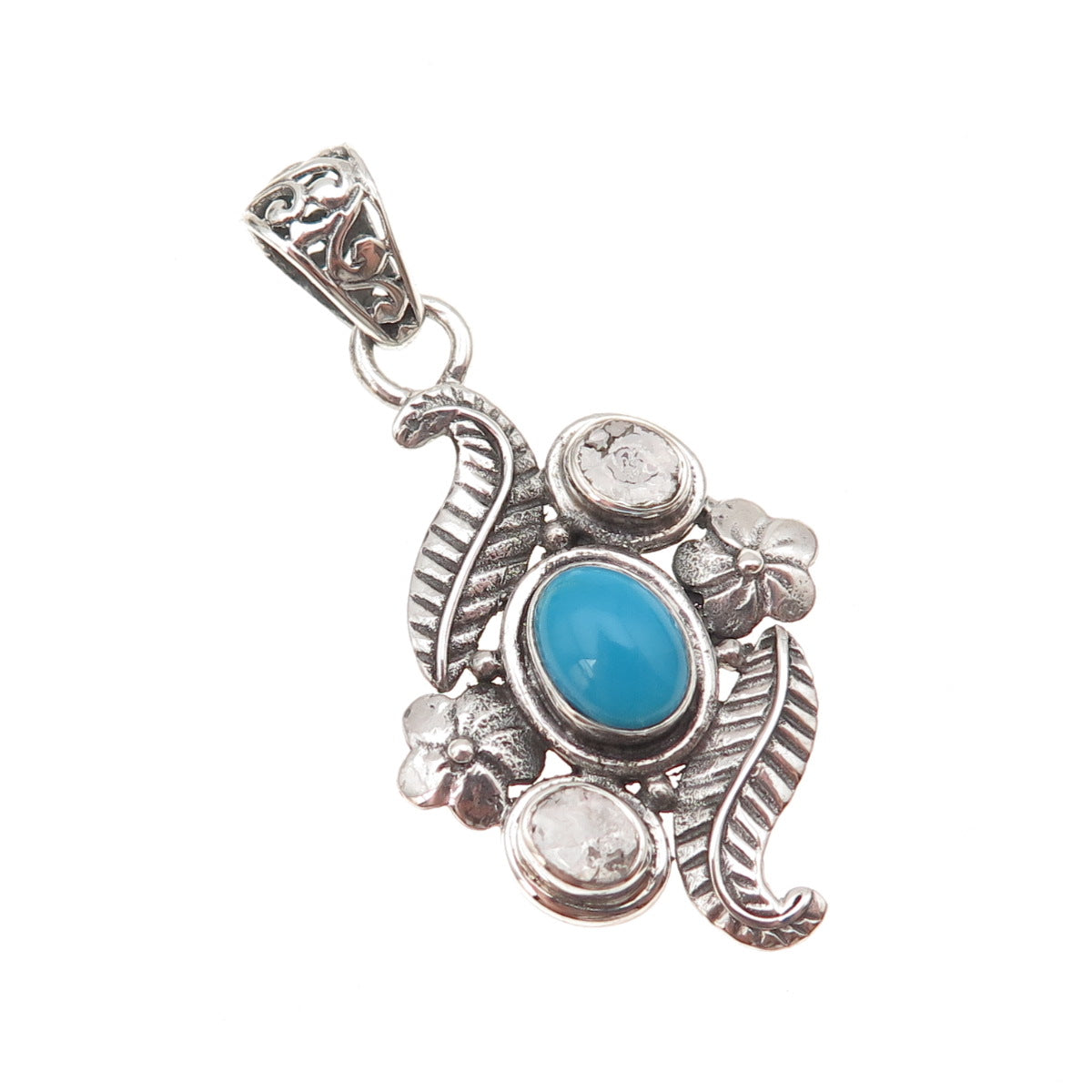 925 Sterling Silver Vintage Real Rose-Cut Diamond & Turquoise Floral Pendant