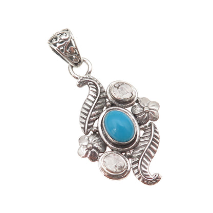 925 Sterling Silver Vintage Real Rose-Cut Diamond & Turquoise Floral Pendant