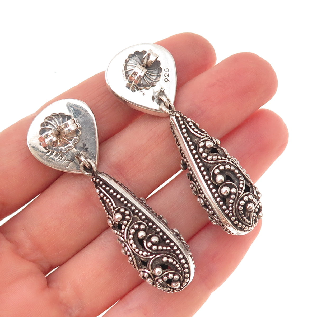 Lois Hill 925 Sterling Silver Vintage Granulated Scroll Teardrop Dangle Earrings