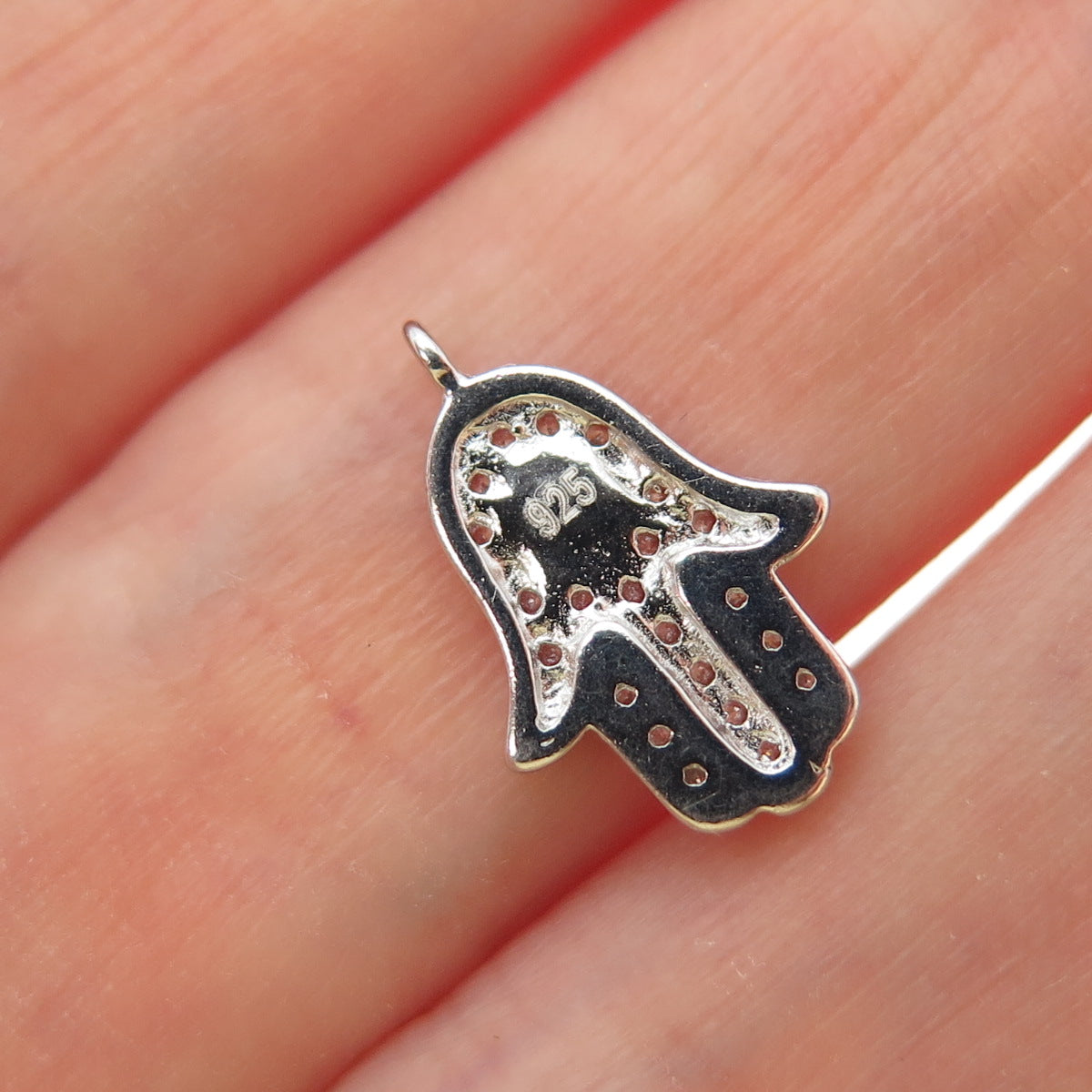 925 Sterling Silver Enamel Round-Cut C Z Hamsa Amulet Minimalist Charm Pendant