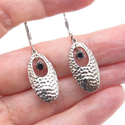 925 Sterling Silver Real Round-Cut Black Diamond Hammered Dangle Earrings