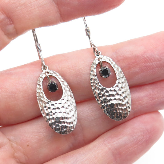 925 Sterling Silver Real Round-Cut Black Diamond Hammered Dangle Earrings
