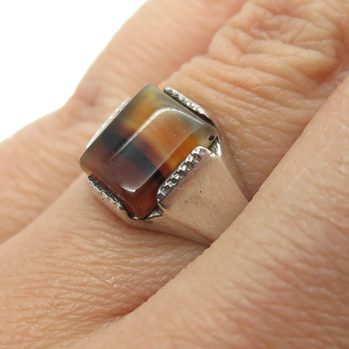 WHEELER MFG CO. 925 Sterling Silver Antique Art Deco Real Agate Ring Size 7.5