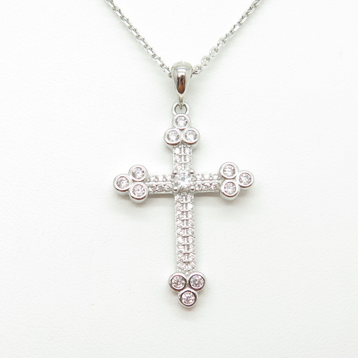 925 Sterling Silver Italy Round-Cut C Z Sparkle Cross Cable Chain Necklace 16"