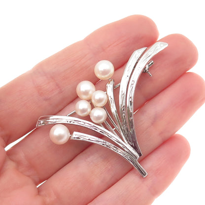 925 Sterling Silver Antique Art Deco Real Akoya Pearl Floral Pin Brooch