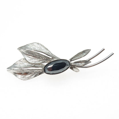 CURTIS CREATIONS 925 Sterling Silver Antique Real Hematite Flora Leaf Pin Brooch