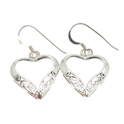 925 Sterling Silver Vintage Swirl Open Heart Dangling Earrings