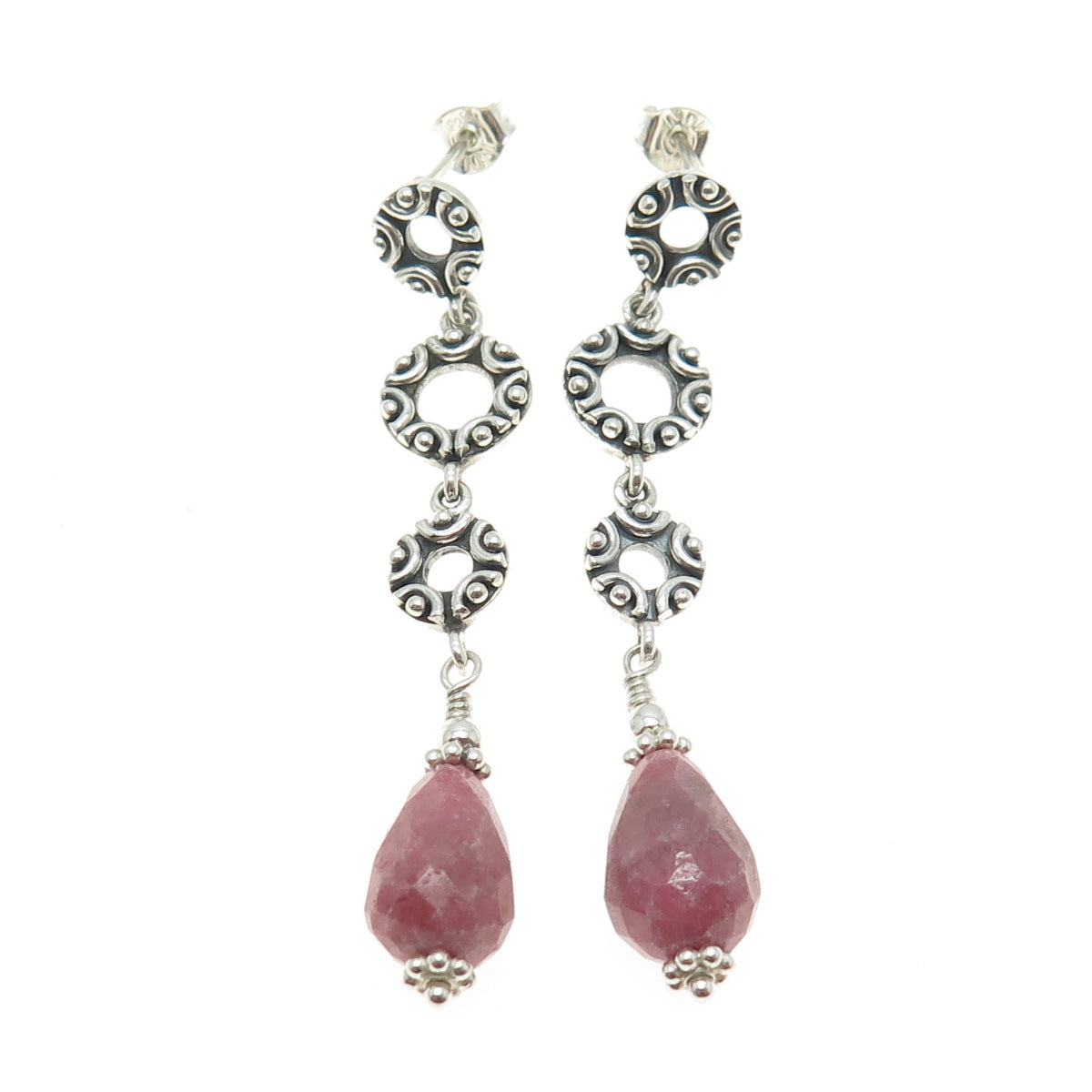 925 Sterling Silver Vintage Real Rhodonite Granulated Circle Drop Earrings