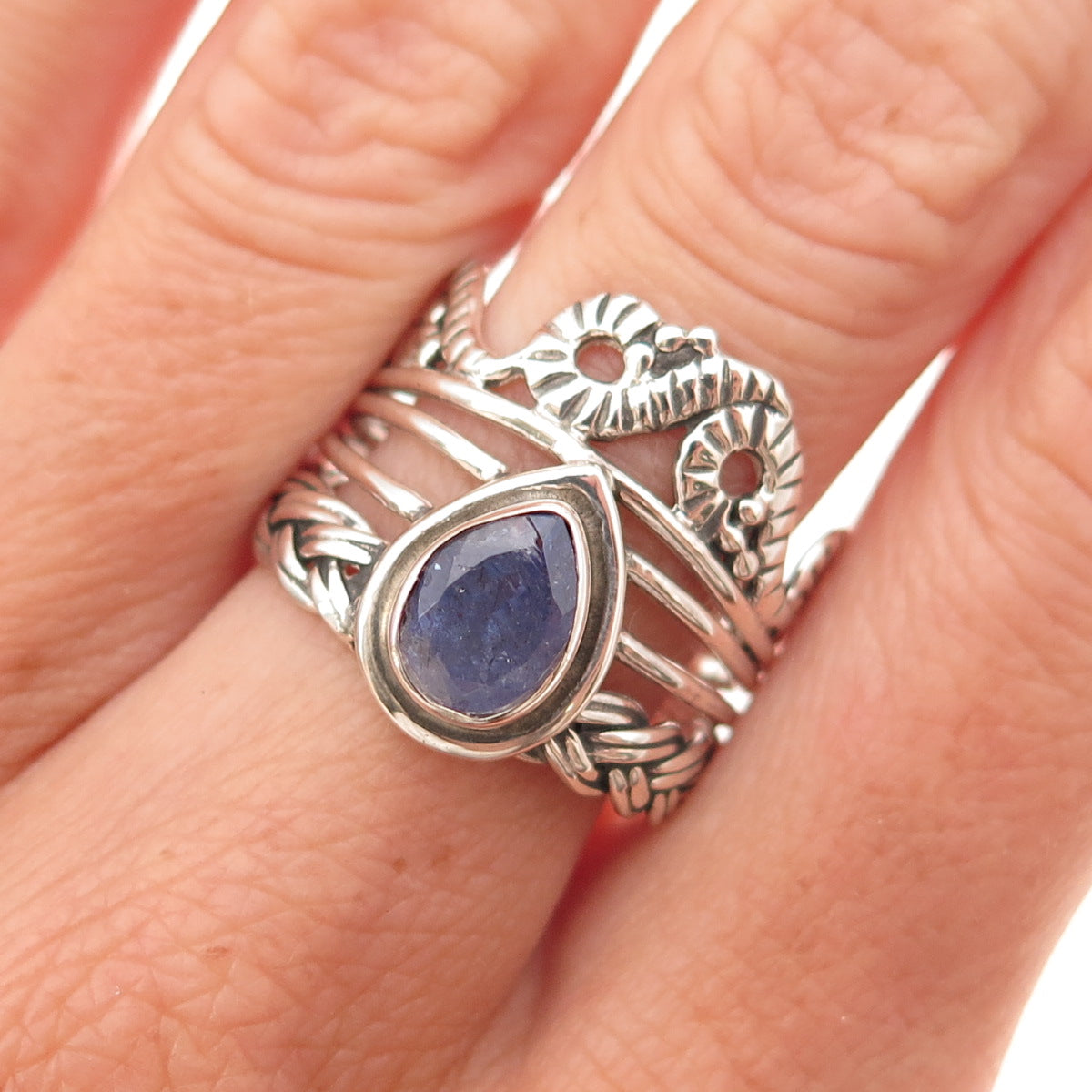 925 Sterling Silver Vintage Real Tanzanite Swirl Oxidized Ring Size 8.5