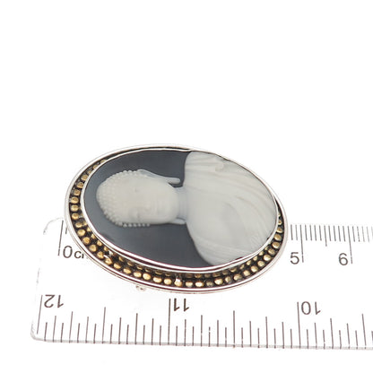 925 Sterling Silver 2-Tone Vintage Ceramic Buddha Cameo Pin Brooch
