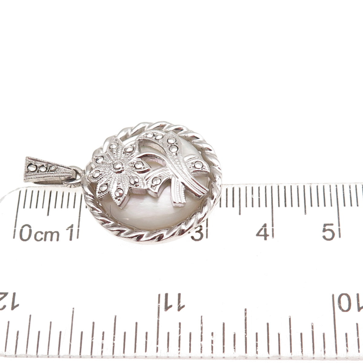 925 Sterling Silver Antique Art Deco Real MOP & Marcasite Floral Charm Pendant