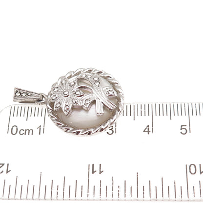 925 Sterling Silver Antique Art Deco Real MOP & Marcasite Floral Charm Pendant