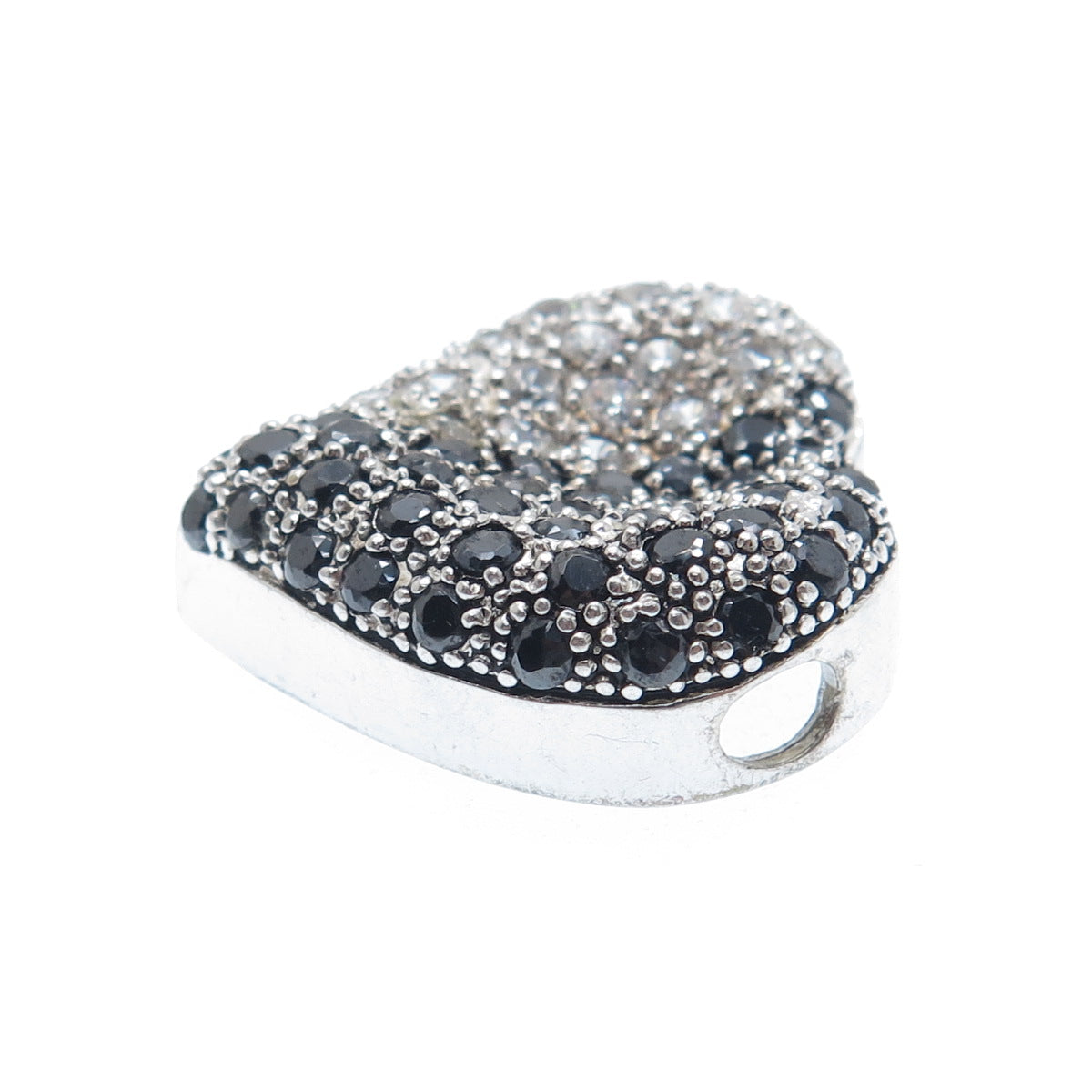 925 Sterling Silver Real Round-Cut Black Spinel & C Z Heart Slide Pendant