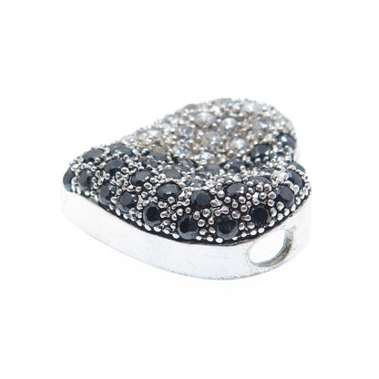 925 Sterling Silver Real Round-Cut Black Spinel & C Z Heart Slide Pendant