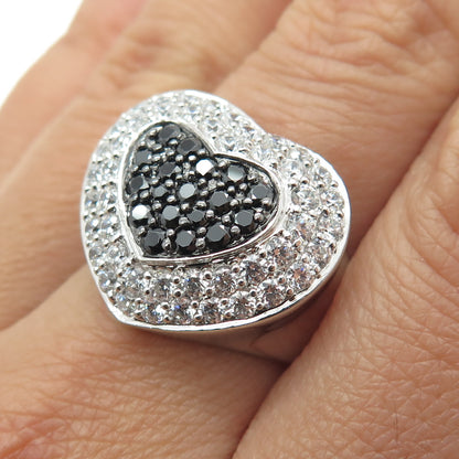 925 Sterling Silver Real Round-Cut Black Spinel & C Z Heart Ring Size 7.5