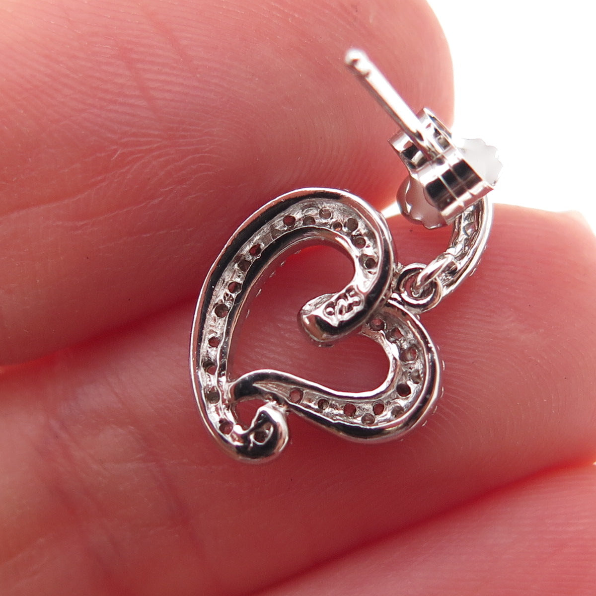 925 Sterling Silver Round-Cut C Z Heart Dangle Earrings