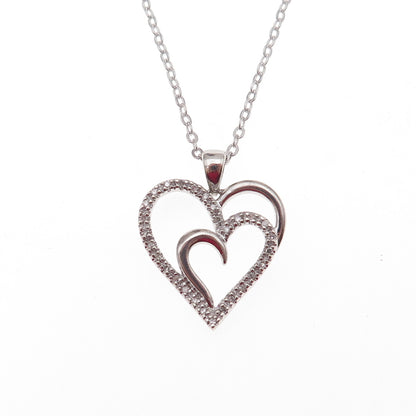 Sun 925 Sterling Silver Real Round-Cut Diamond Double Heart Chain Necklace 18"