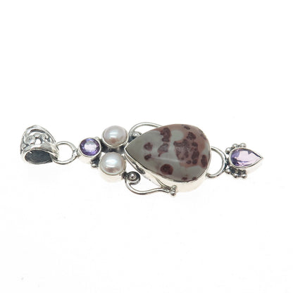 925 Sterling Silver Vintage Real Pearl Amethyst & Jasper Modernist Pendant