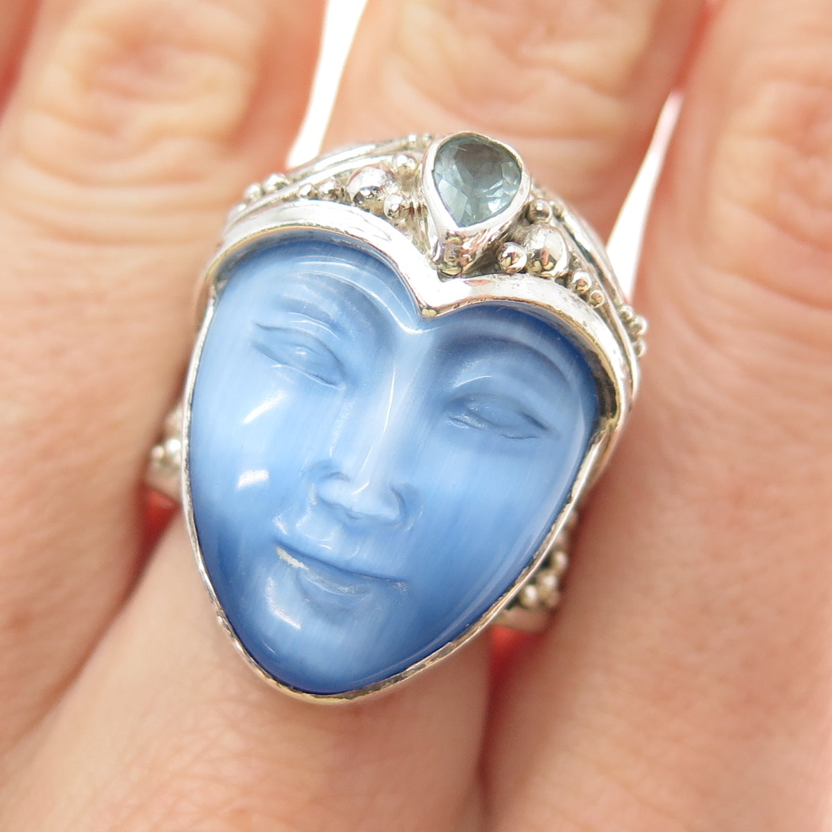 SAJEN 925 Sterling Vintage Topaz Optic Fiber Cat's Eye Adjustable Ring Size 9.75