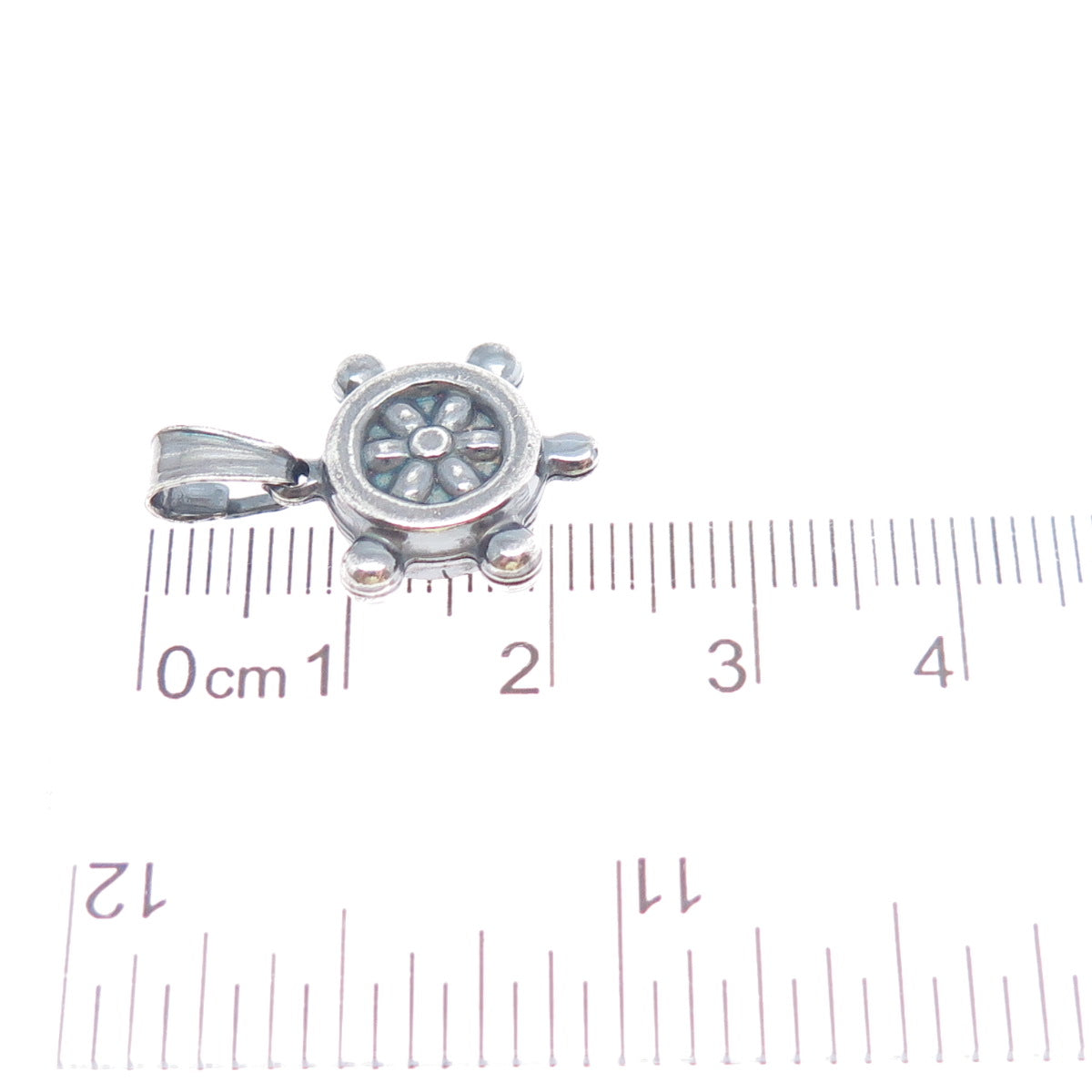 925 Sterling Silver Vintage Italy Helm Ship Wheel Oxidized Mini Charm Pendant
