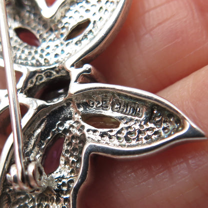 925 Sterling Vintage Real Peridot Amethyst Garnet & C Z Butterfly Brooch Pendant