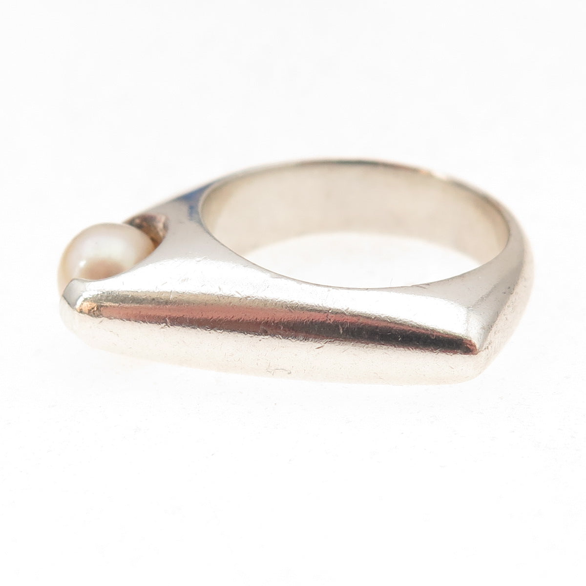 925 Sterling Silver Vintage Real Pearl Star Modernist Oxidized Ring Size 8.5
