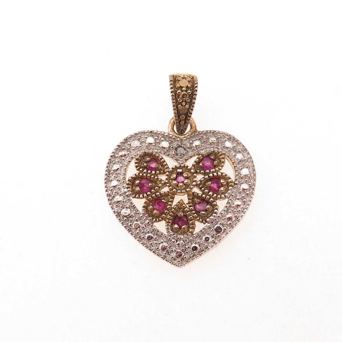 925 Sterling Silver 2-Tone Real Diamond Accent & Ruby Heart Charm Pendant