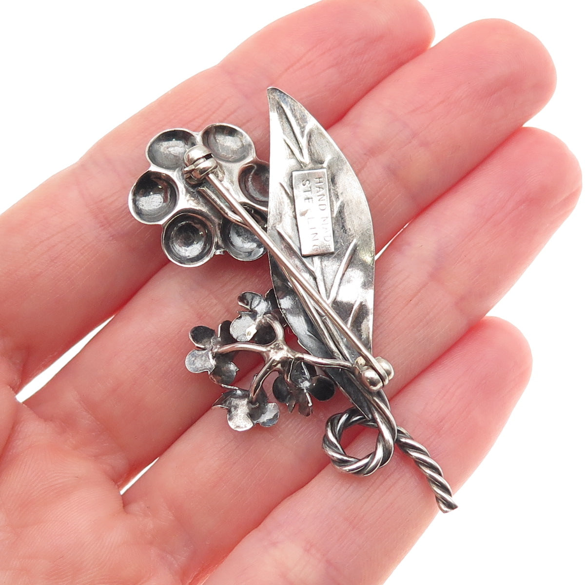 925 Sterling Silver Vintage Floral Oxidized Handmade Pin Brooch